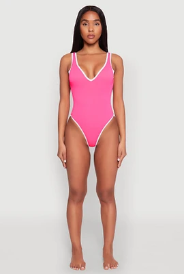Womens Contrast Trim One Piece Swimsuit, Pink, Size L