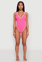 Womens Contrast Trim One Piece Swimsuit, Pink, Size L