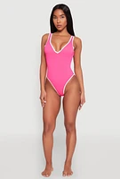 Womens Contrast Trim One Piece Swimsuit, Pink, Size L