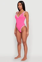 Womens Contrast Trim One Piece Swimsuit, Pink, Size L