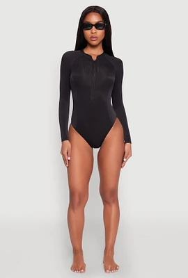 Womens Zip Front Rash Guard One Piece Swimsuit,