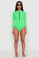 Womens Zip Front Rash Guard One Piece Swimsuit, Green, Size S