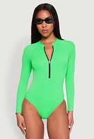 Womens Zip Front Rash Guard One Piece Swimsuit, Green, Size S