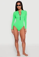 Womens Zip Front Rash Guard One Piece Swimsuit, Green, Size S