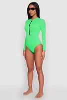 Womens Zip Front Rash Guard One Piece Swimsuit, Green, Size S