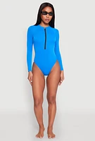 Womens Zip Front Rash Guard One Piece Swimsuit, Blue,