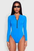 Womens Zip Front Rash Guard One Piece Swimsuit, Blue,