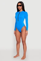 Womens Zip Front Rash Guard One Piece Swimsuit, Blue,