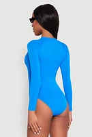 Womens Zip Front Rash Guard One Piece Swimsuit, Blue,