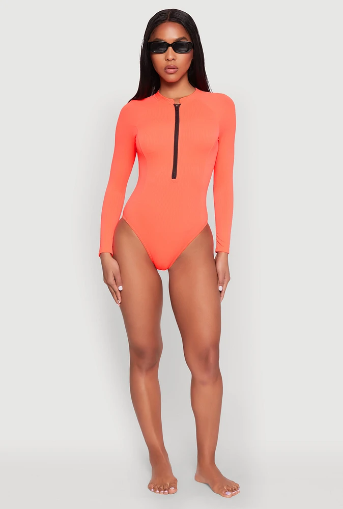 Womens Zip Front Rash Guard One Piece Swimsuit,