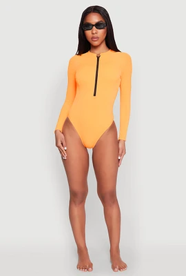 Womens Zip Front Rash Guard One Piece Swimsuit, Orange, Size M