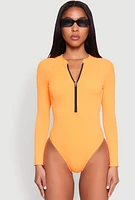 Womens Zip Front Rash Guard One Piece Swimsuit, Orange, Size M