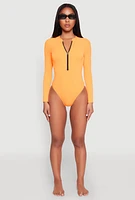 Womens Zip Front Rash Guard One Piece Swimsuit, Orange, Size M