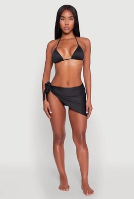 Womens Solid Side Tie Lettuce Edge Sarong Cover Up, Black, Size L