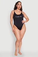 Womens Plus Size Bebe Rhinestone One Piece Swimsuit, Black, Size 3X