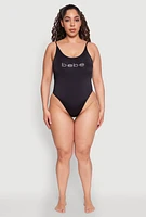 Womens Plus Size Bebe Rhinestone One Piece Swimsuit, Black, Size 3X