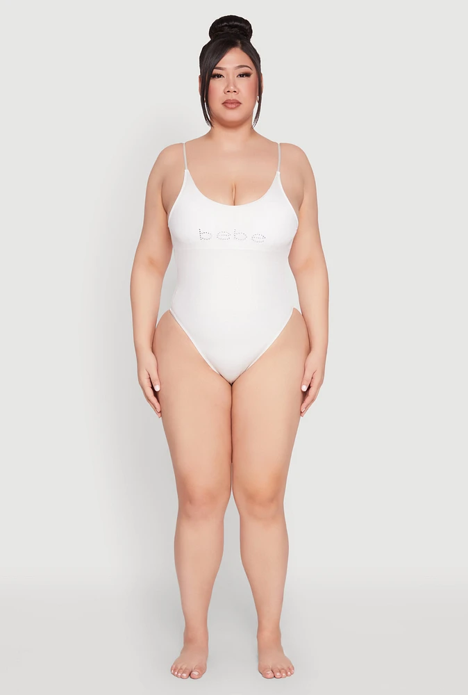 Womens Plus Size Bebe Rhinestone One Piece Swimsuit, White, Size 2X