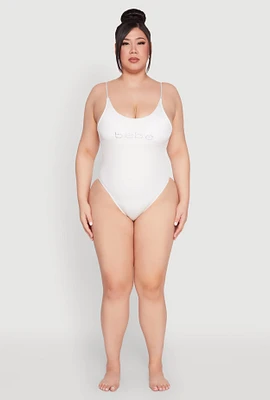 Womens Plus Size Bebe Rhinestone One Piece Swimsuit, White, Size 2X
