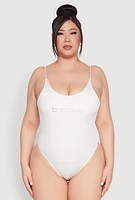 Womens Plus Size Bebe Rhinestone One Piece Swimsuit, White, Size 2X
