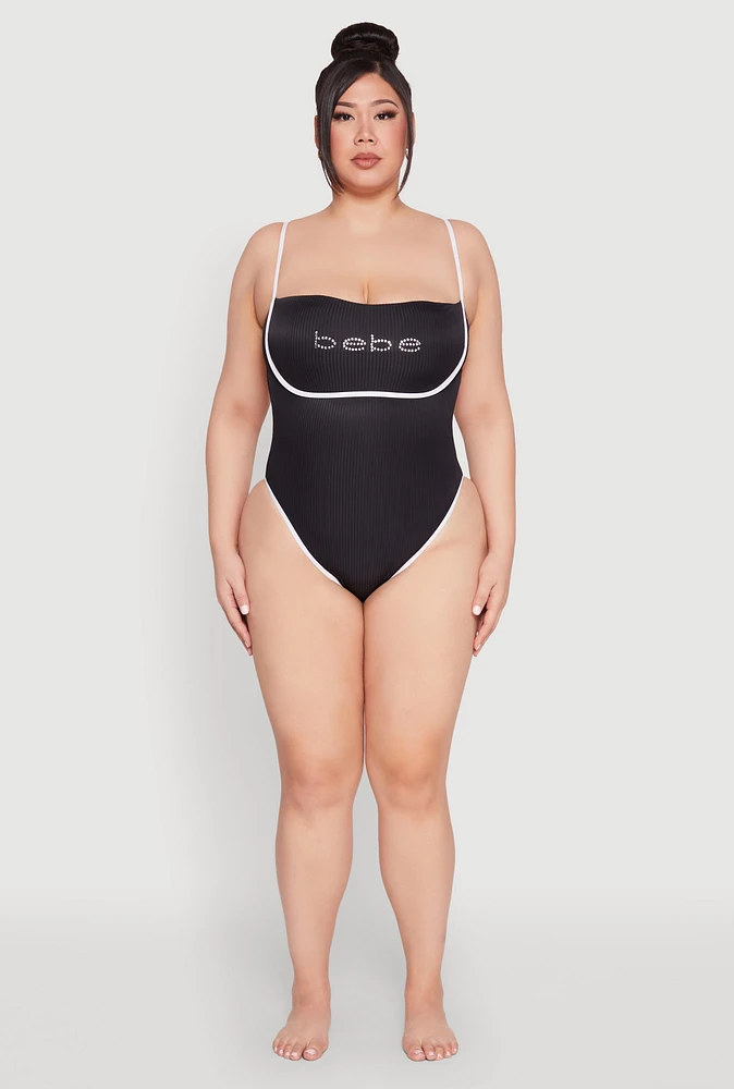 Womens Plus Size Bebe Rhinestone Tie Back One Piece Swimsuit, Black, Size 3X
