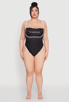 Womens Plus Size Bebe Rhinestone Tie Back One Piece Swimsuit, Black, Size 3X