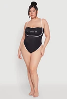 Womens Plus Size Bebe Rhinestone Tie Back One Piece Swimsuit, Black, Size 3X