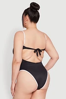 Womens Plus Size Bebe Rhinestone Tie Back One Piece Swimsuit, Black, Size 3X