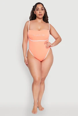 Womens Plus Size Bebe Rhinestone Tie Back One Piece Swimsuit, Orange, Size 2X