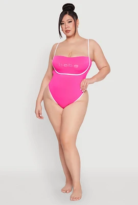 Womens Plus Size Bebe Rhinestone Tie Back One Piece Swimsuit, Pink, Size 1X