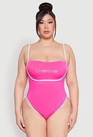 Womens Plus Size Bebe Rhinestone Tie Back One Piece Swimsuit, Pink, Size 1X