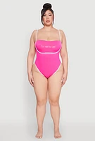 Womens Plus Size Bebe Rhinestone Tie Back One Piece Swimsuit, Pink, Size 1X