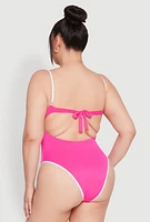Womens Plus Size Bebe Rhinestone Tie Back One Piece Swimsuit, Pink, Size 1X
