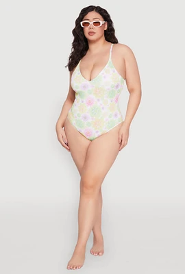 Womens Plus Size Daisy Print One Piece Swimsuit, Multi, Size 3X