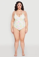 Womens Plus Daisy Print One Piece Swimsuit, Multi,