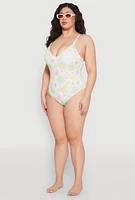 Womens Plus Daisy Print One Piece Swimsuit, Multi,