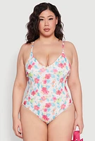 Womens Plus Size Tropical Floral Print One Piece Swimsuit, Multi, Size 2X