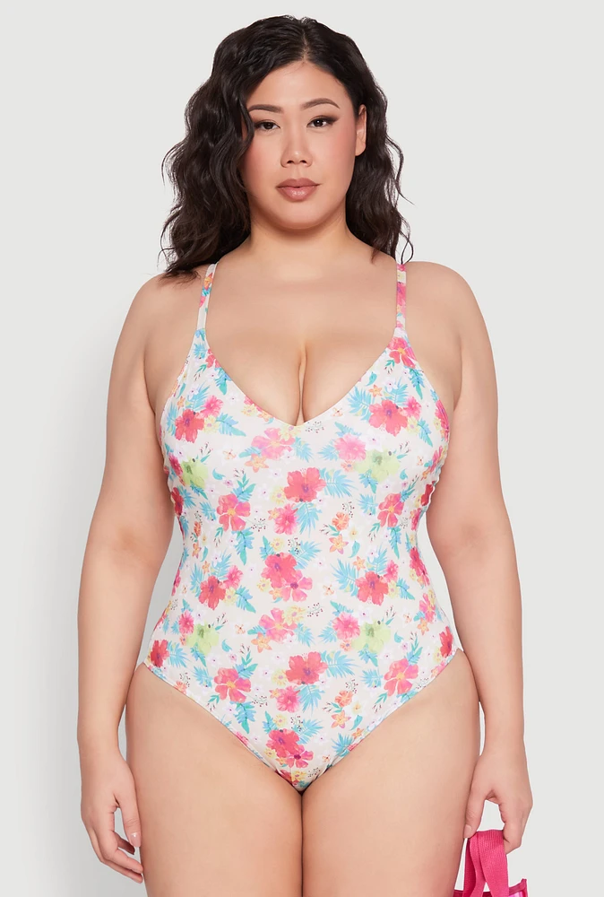 Womens Plus Size Tropical Floral Print One Piece Swimsuit, Multi, Size 2X