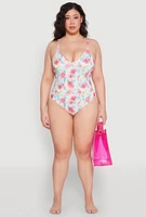 Womens Plus Size Tropical Floral Print One Piece Swimsuit, Multi, Size 2X