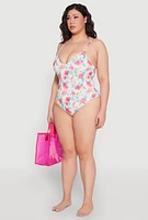 Womens Plus Tropical Floral Print One Piece Swimsuit, Multi,