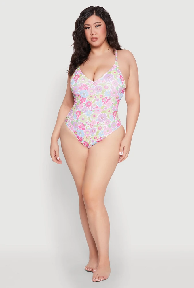 Womens Plus Size Flower Print One Piece Swimsuit, Multi, Size 3X