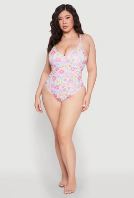 Womens Plus Size Flower Print One Piece Swimsuit, Multi, Size 3X