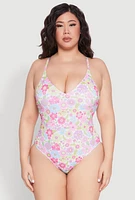 Womens Plus Size Flower Print One Piece Swimsuit, Multi, Size 3X
