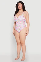 Womens Plus Size Flower Print One Piece Swimsuit, Multi, Size 3X