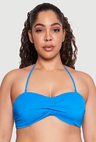 Womens Plus Size Twist Front Swim Bandeau Bikini Top, Blue, Size 2X