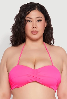 Womens Plus Size Twist Front Halter Bandeau Bikini Top, Pink, Size 3X