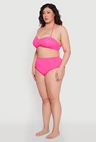 Womens Plus Twist Front Halter Bandeau Bikini Top, Pink,