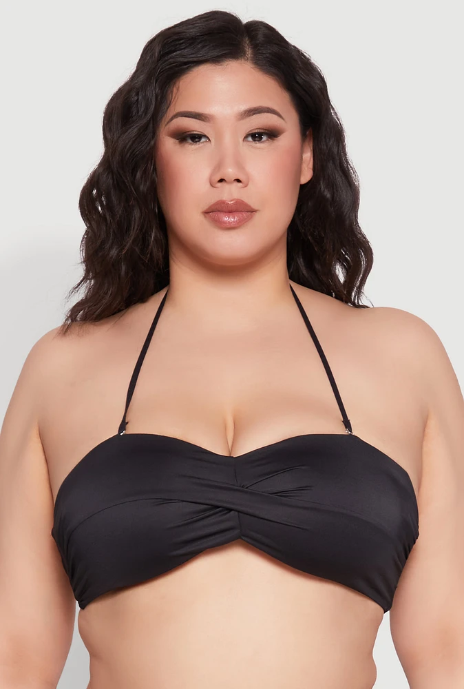 Womens Plus Size Halter Neck Bandeau Bikini Top, Black, Size 3X