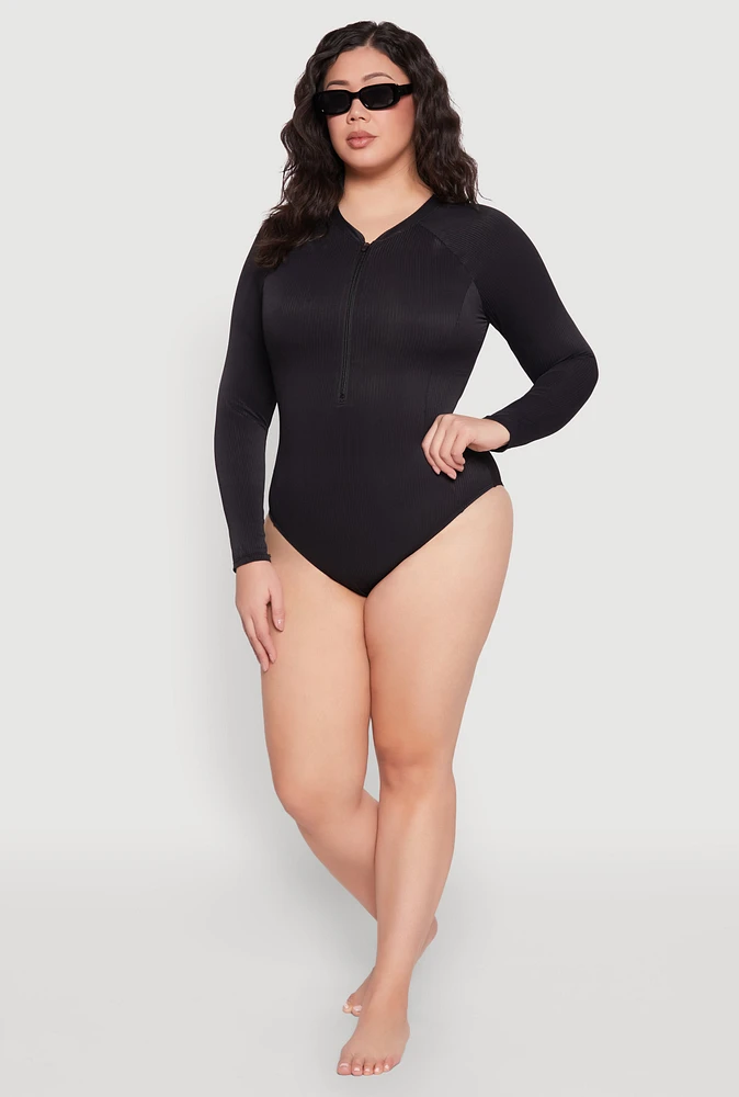 Womens Plus Zip Front Rash Guard One Piece Swimsuit, 1X