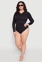 Womens Plus Size Zip Front Rash Guard One Piece Swimsuit, Black, Size 1X
