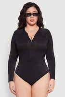 Womens Plus Size Zip Front Rash Guard One Piece Swimsuit, Black, Size 2X